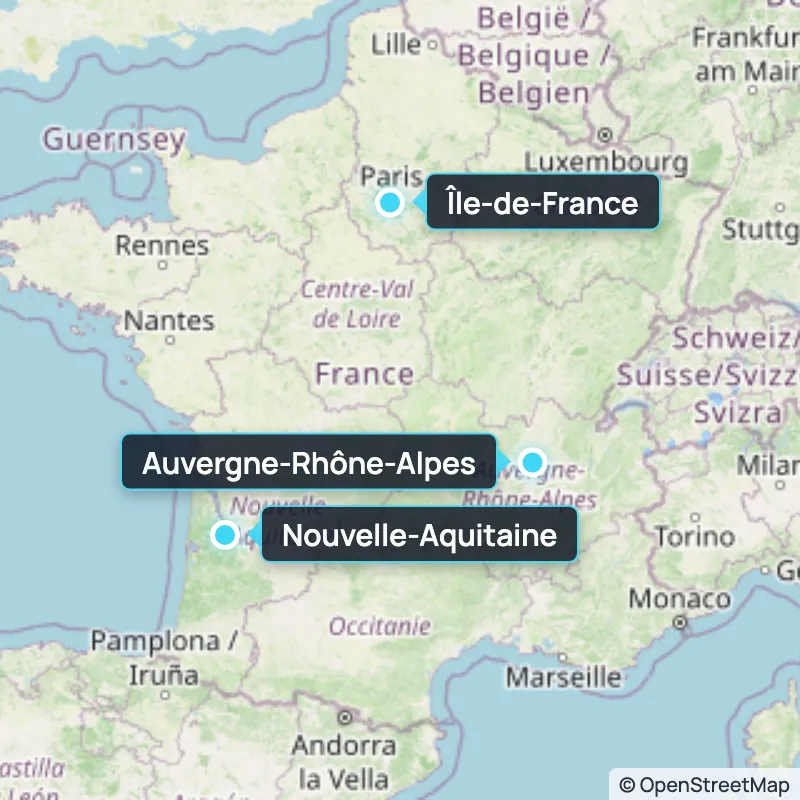 Carte des zones d'intervention : Île-de-France, Auvergne-Rhône-Alpes, Nouvelle-Aquitaine